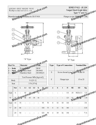JIS F7422 20K Forged Steel ANGLE Globe Valve 20K6 20K10 20K15 20K20 20K25 S Type,U Type F Type